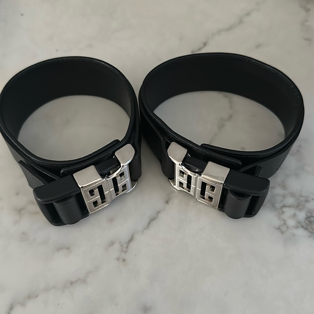 Givenchy Black Leather Adjustable Ankle Straps with Silver Metal Logo Buckles